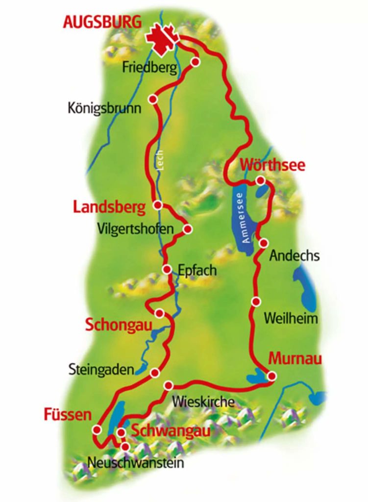 ロマンティック街道とバイエルンの湖 ルートマップ